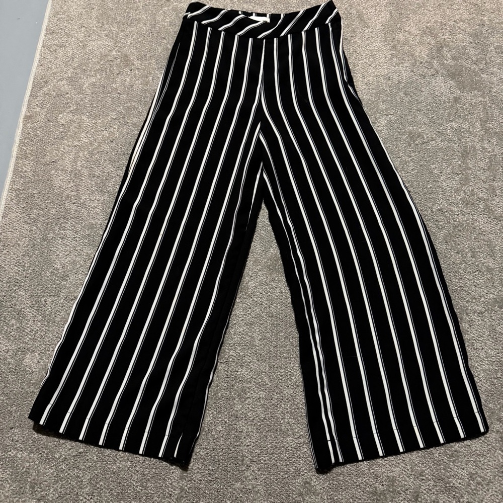 H&M Black Wide Leg Pants with White Vertical Stripes
